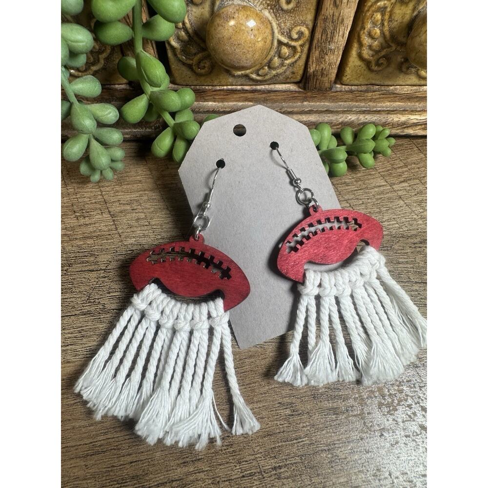 Quirky Boho Hippy Red Football Macramé Pattern handmade Wooden Dangle Earrings